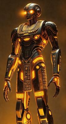 The primary subject of the image is a robot, which is the main object, scene, or focus of the image. The robot is standing in a setting with a gold background, which adds to the visual style of the image. The robot is depicted in a digital art or illustration format, giving it a unique and futuristic appearance. The colors and mood of the image are predominantly orange, which creates a warm and vibrant atmosphere.